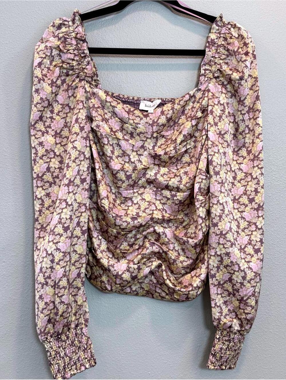Bohme Boutique Ruched Long Sleeve Satin Like Blouse - Women Large NWOT